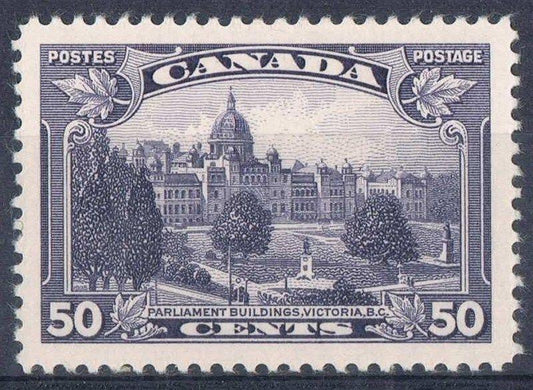 Canada #226 (SG#350) 50c Dark Violet Parliament Buildings in Victoria 1935-1937 Dated Die Issue VF-82 LH Brixton Chrome 