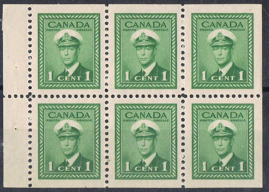 Canada #249b (SG#375b) 1c Green 1942-49 War Issue Booklet Pane of 6 - VF-80 NH Brixton Chrome 