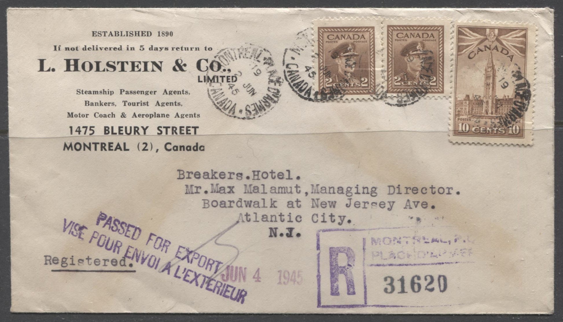 Canada #250, 257 1942-1949 War Issue, Registered "Passed For Export" to New Jersey Franked With 2 x 2c and 10c Stamps From The Series Brixton Chrome 