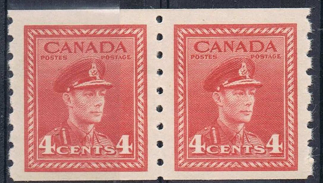 Canada #267 (SG#393) 4c Carmine 1942-1948 War Issue Perf 8 Coil Pair VF-80 NH Brixton Chrome 