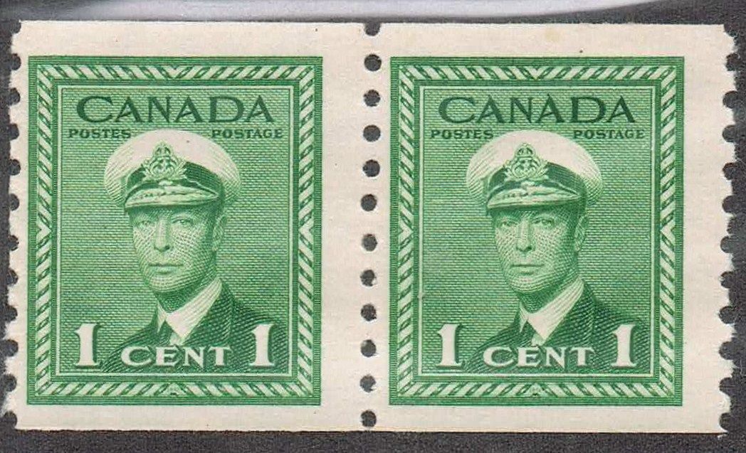 Canada #278 (SG#397) 1c Green 1948-50 War Issue Coil Pair Perf. 9.5 Vertically - F-70 NH Brixton Chrome 