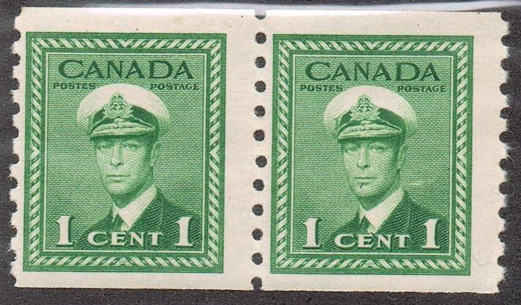 Canada #278 (SG#397) 1c Green 1948-50 War Issue Coil Pair Perf. 9.5 Vertically - F-70 NH Brixton Chrome 