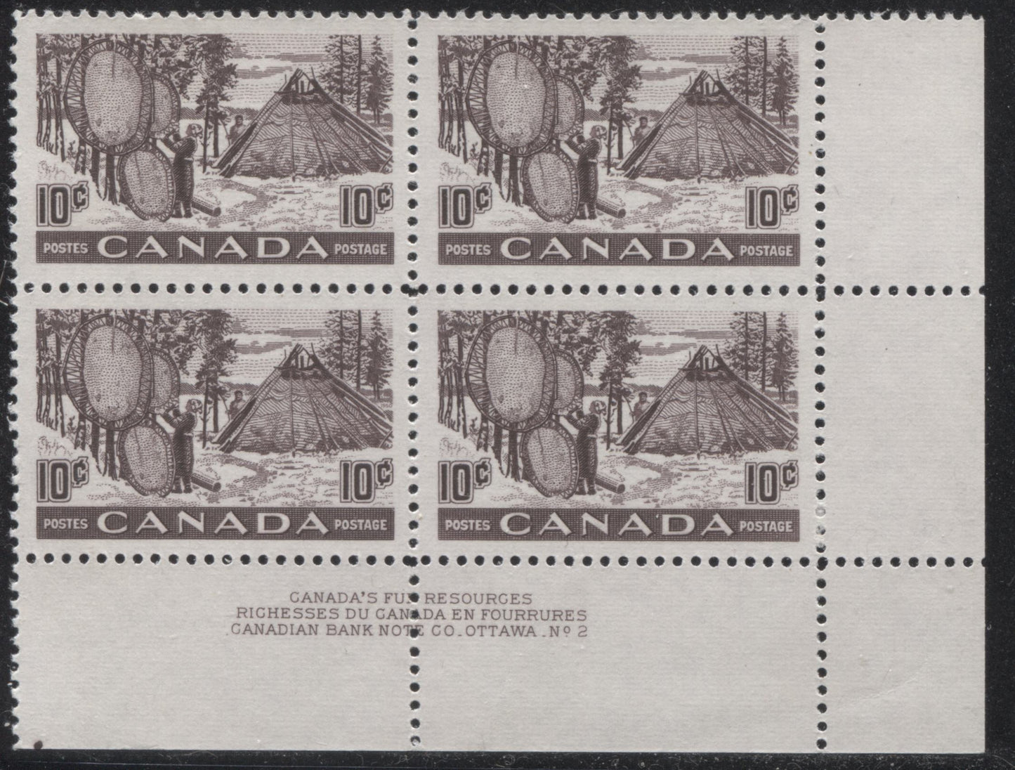 Canada #301 10c Deep Purple Brown Drying Fur Pelts 1950-1952 Natural Resources Issue, Lower Right Plate 2 Block, Perf. 12, Horizontal Ribbed Paper and Shiny Cream Gum, Very Fine Mint NH Brixton Chrome 