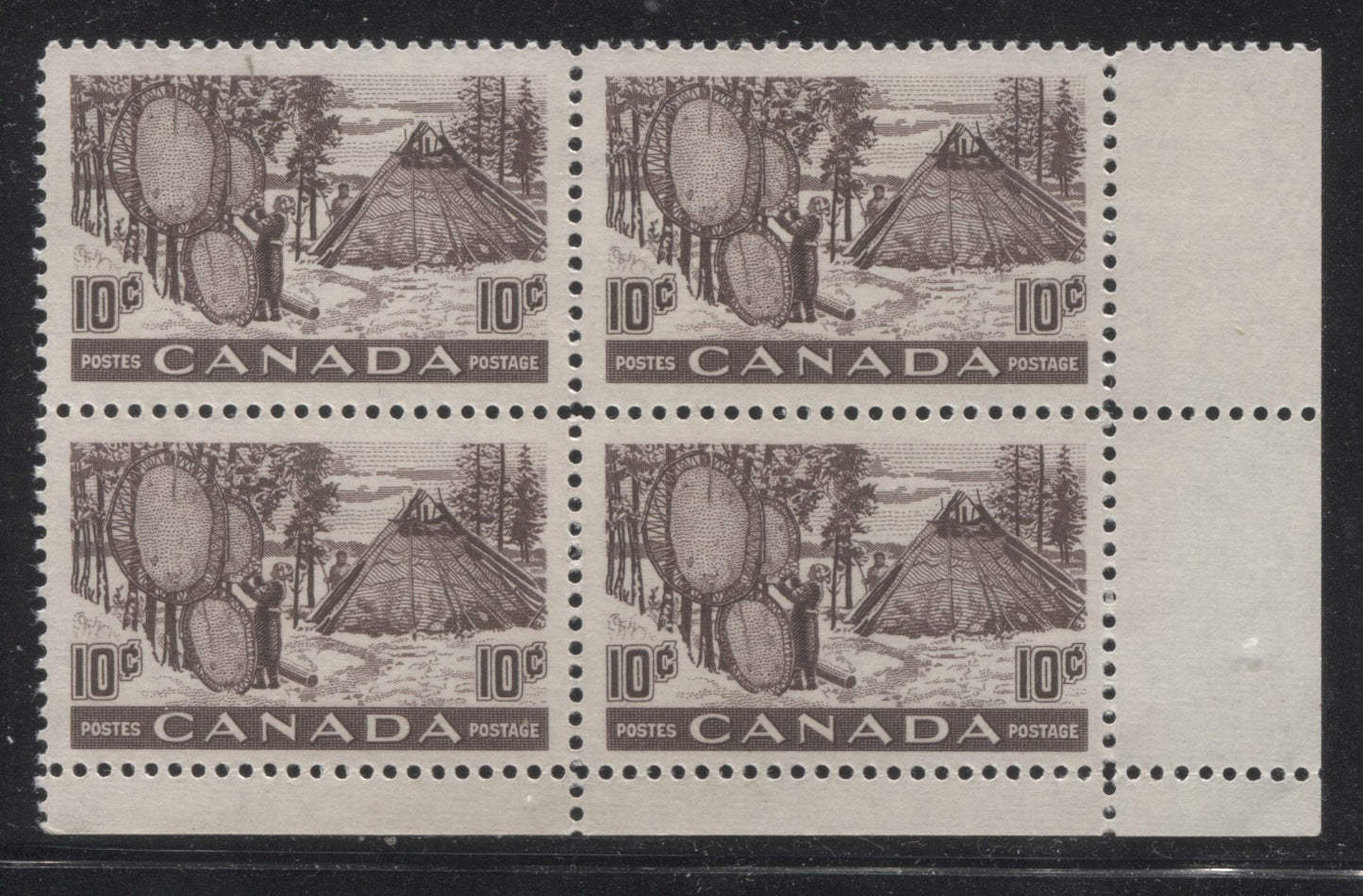Canada #301 10c Violet Brown Drying Fur Pelts 1950-1952 Natural Resources Issue, Lower Right Field Stock Block, 12 x 11.95, Smooth Paper, Satin Cream Gum, Very Fine Mint NH Brixton Chrome 