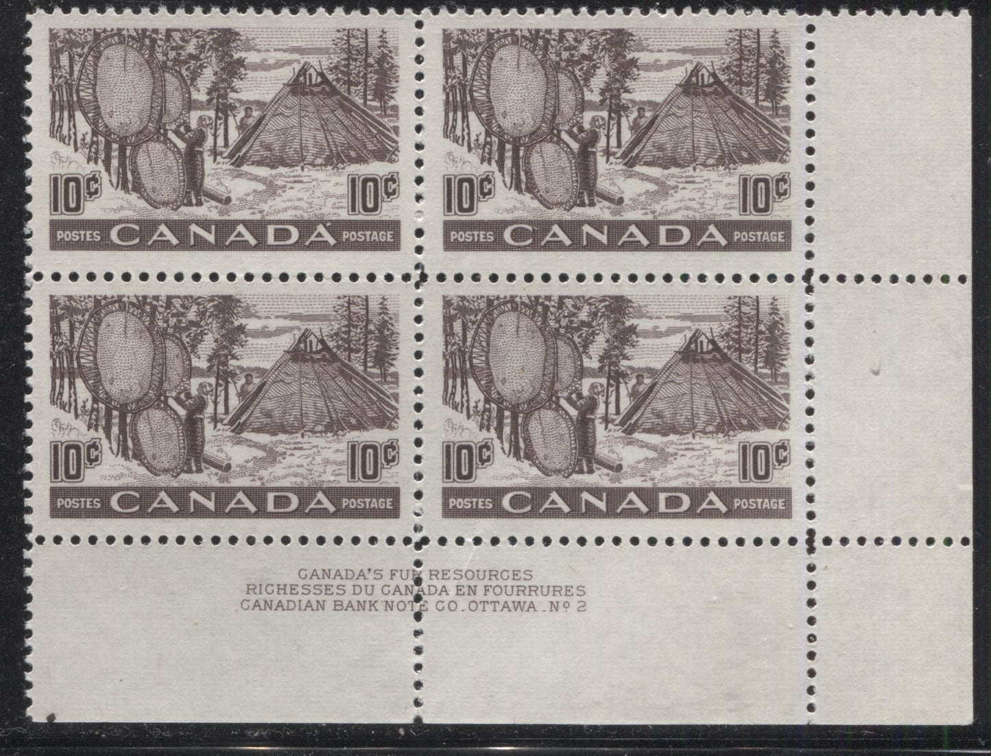 Canada #301 10c Violet Brown Drying Fur Pelts 1950-1952 Natural Resources Issue, Lower Right Plate 2 Block, Perf. 12 x 11.90, Horizontal Ribbed Paper and Shiny Cream Gum, Very Fine Mint NH Brixton Chrome 