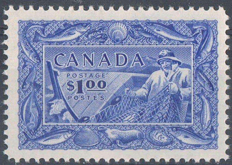 Canada #302 (SG#433) $1 Ultramarine Fisheries 1950-1953 Natural Resources Issue Crisp Wove Paper With No Mesh VF-80 NH Brixton Chrome 