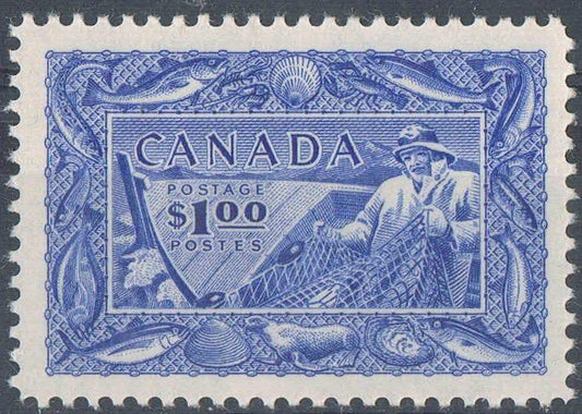 Canada #302 (SG#433) $1 Ultramarine Fisheries 1950-1953 Natural Resources Issue Crisp Wove Paper With No Mesh VF-80 NH Brixton Chrome 