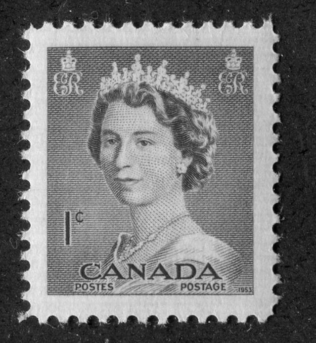Canada #325, O33 (SG#450, O196) 1c Violet Brown Queen Elizabeth II 1953 Karsh Issue Regular and Official Stamps VF-84 NH Brixton Chrome 