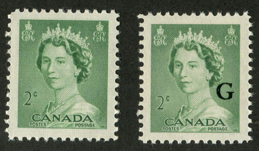 Canada #326, O34 (SG#451, O197) 2c Green Queen Elizabeth II 1953 Karsh Issue Regular and Offical Stamps VF-84 NH Brixton Chrome 