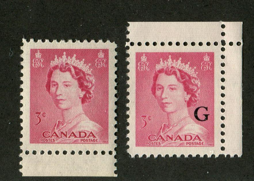 Canada #327, O35 (SG#452, O198) 3c Carmine-Rose Queen Elizabeth II 1953 Karsh Issue Regular and Official Stamps VF-84 NH Brixton Chrome 
