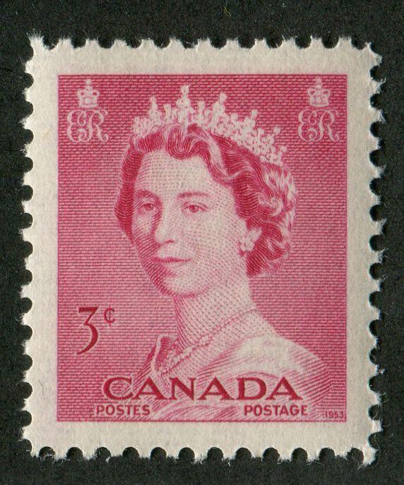 Canada #327, O35 (SG#452, O198) 3c Carmine-Rose Queen Elizabeth II 1953 Karsh Issue Regular and Official Stamps VF-84 NH Brixton Chrome 