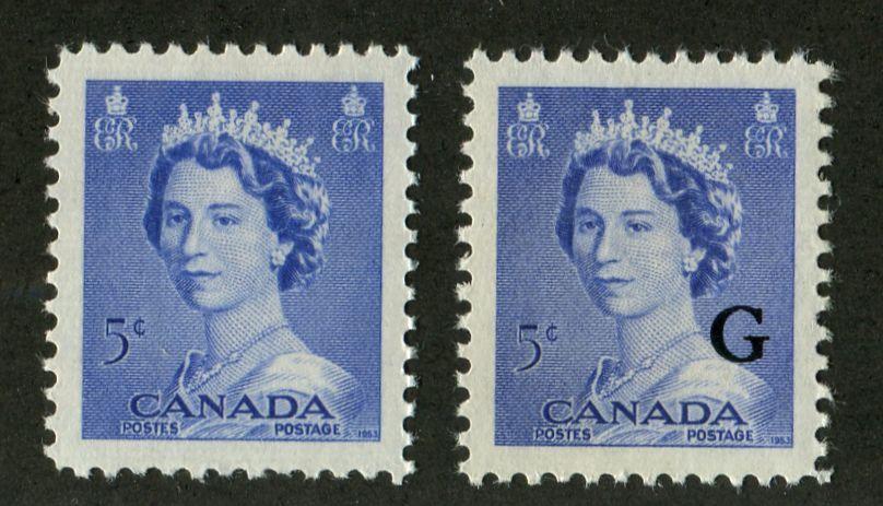 Canada #329, O37 (SG#454, O200) 5c Ultramarine Queen Elizabeth II 1953 Karsh Issue Regular and Official Stamps VF-84 NH Brixton Chrome 