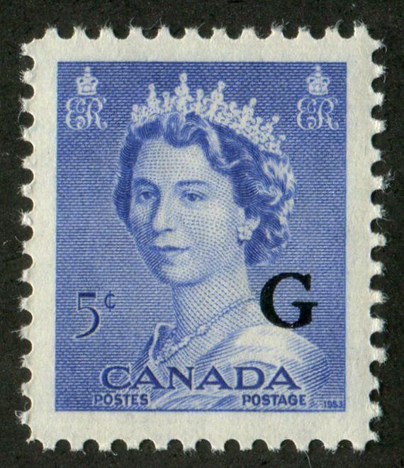 Canada #329, O37 (SG#454, O200) 5c Ultramarine Queen Elizabeth II 1953 Karsh Issue Regular and Official Stamps VF-84 NH Brixton Chrome 