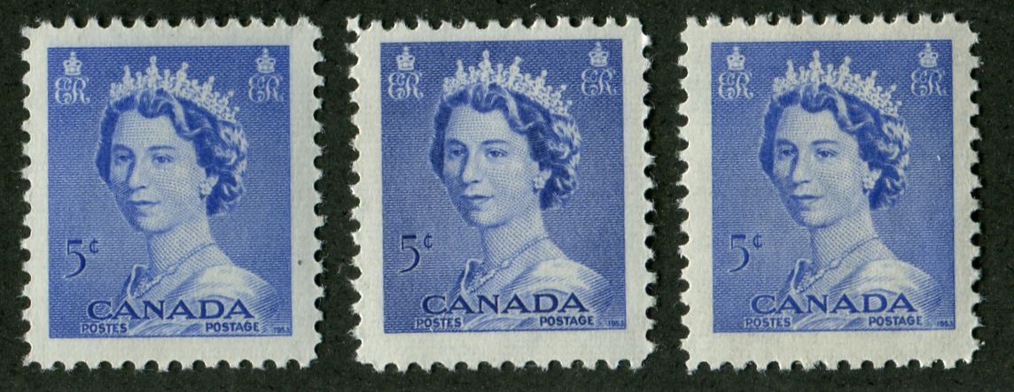 Canada #329 (SG#454) 5c Ultramarine Queen Elizabeth II 1953 Karsh Issue 3 Different Shades VF-75 NH Brixton Chrome 
