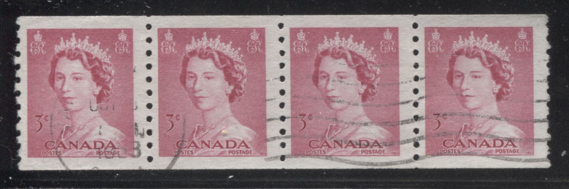 Canada #332 3c Cerise Queen Elizabeth II, 1953-1954 Karsh Issue, A Fine Used Coil Strip of 4 on Smooth Paper Brixton Chrome 