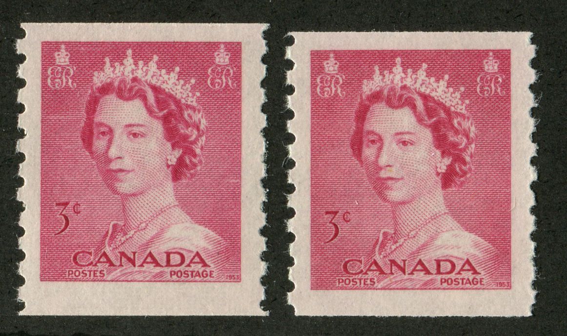Canada #332 (SG#456) 3c Carmine Rose 1953 Karsh Issue Coil 2 Shades and Papers - F-71 NH Brixton Chrome 