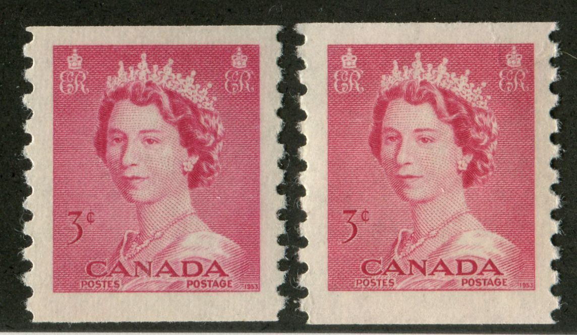 Canada #332 (SG#456) 3c Carmine Rose 1953 Karsh Issue Coil 2 Shades Vertical Wove Paper - VF-75 NH Brixton Chrome 