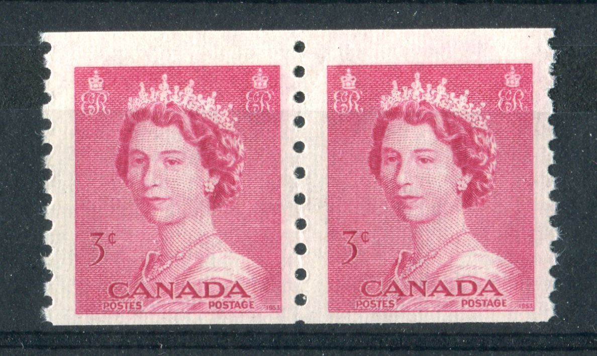 Canada #332 (SG#456) 3c Carmine Rose 1953 Karsh Issue Coil Pair 4.25mm Spacing Ribbed Paper - VF-75 NH Brixton Chrome 