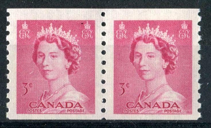 Canada #332 (SG#456) 3c Carmine Rose 1953 Karsh Issue Coil Pair 4.5 mm Spacing Ribbed Paper VF-80 NH Brixton Chrome 