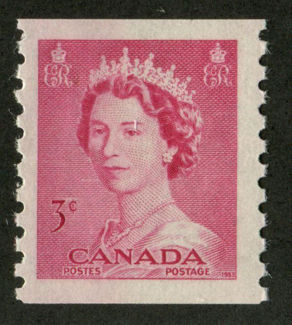 Canada #332 (SG#456) 3c Carmine Rose 1953 Karsh Issue Coil Smooth Wove Paper - VF-75 NH Brixton Chrome 