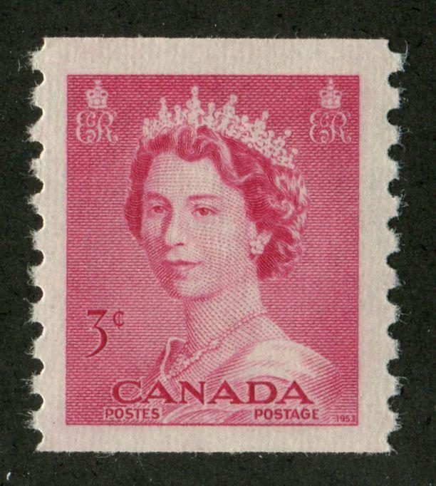 Canada #332 (SG#456) 3c Carmine Rose 1953 Karsh Issue Coil Vertical Ribbed Paper - VF-80 LH Brixton Chrome 