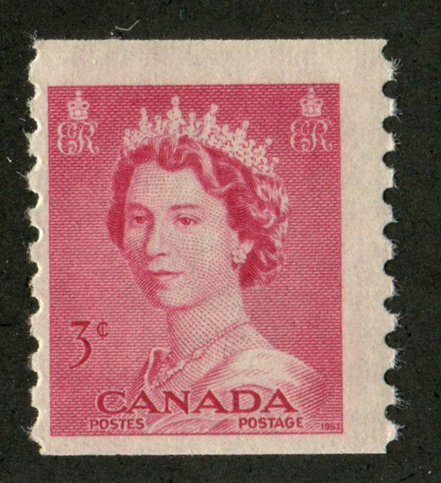 Canada #332 (SG#456) 3c Carmine Rose 1953 Karsh Issue Coil Vertical Wove Paper - F-70 NH Brixton Chrome 