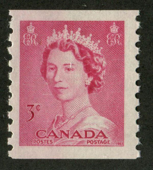 Canada #332 (SG#456) 3c Carmine Rose 1953 Karsh Issue Coil Vertical Wove Paper - VF-75 NH Brixton Chrome 