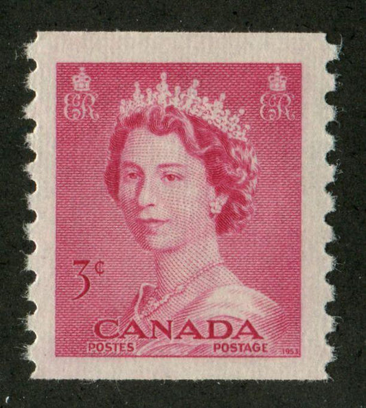 Canada #332 (SG#456) 3c Carmine Rose 1953 Karsh Issue Coil Vertical Wove Paper - VF-80 NH Brixton Chrome 