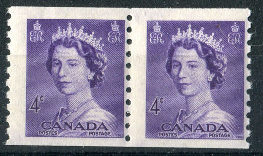 Canada #333 (SG#457) 4c Violet 1953 Karsh Issue Coil Pair 4.25mm Spacing Smooth - F-65 NH Brixton Chrome 