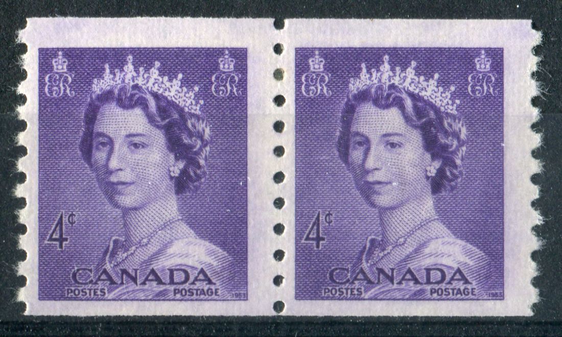 Canada #333 (SG#457) 4c Violet 1953 Karsh Issue Coil Pair 4.5mm Spacing Smooth - F-70 NH Brixton Chrome 