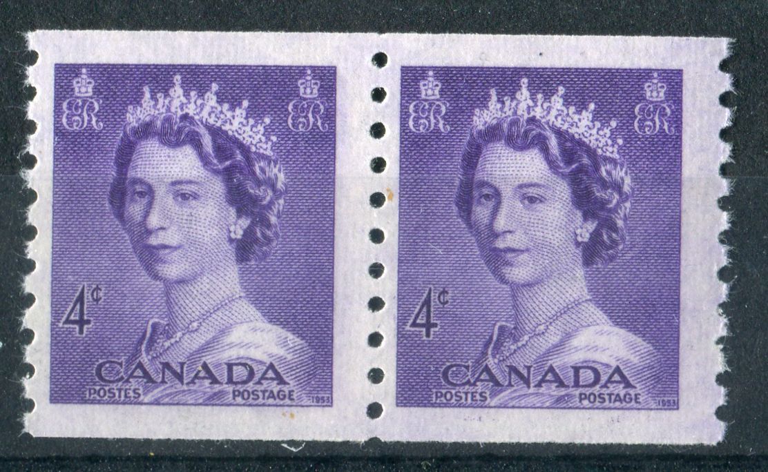 Canada #333 (SG#457) 4c Violet 1953 Karsh Issue Coil Pair 4.5mm Spacing Smooth - VF-75 NH Brixton Chrome 