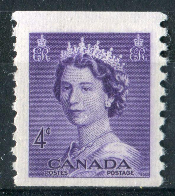 Canada #333 (SG#457) 4c Violet 1953 Karsh Issue Coil Vertical Wove Paper Ribbed Paper F-71 NH Brixton Chrome 