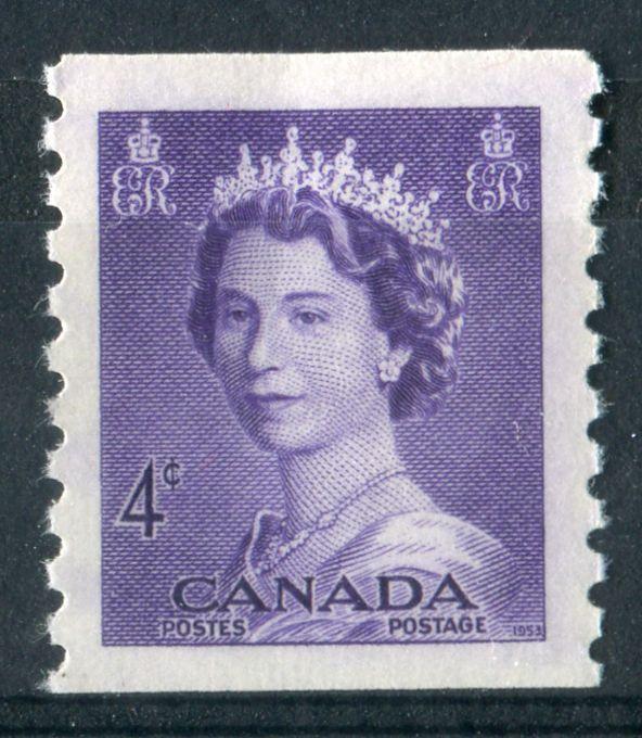 Canada #333 (SG#457) 4c Violet 1953 Karsh Issue Coil Vertical Wove Paper Ribbed Paper VF-80 NH Brixton Chrome 