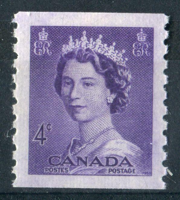 Canada #333 (SG#457) 4c Violet 1953 Karsh Issue Coil Vertical Wove Paper Ribbed Paper VF-84 NH Brixton Chrome 