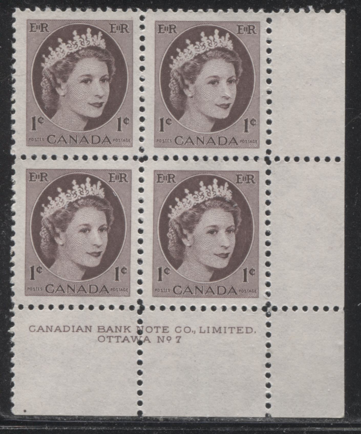 Canada #337 1c Deep Chocolate Queen Elizabeth II, 1954-1962 Wilding Issue, Lower Right Plate 7 Block of 4, Perf. 12, Bright DF Gr Smooth Vertical Wove, Streaky Satin Gum, VFNH Brixton Chrome 