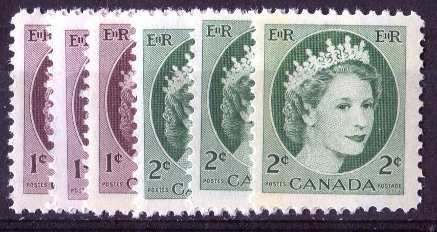 Canada #337-338p (SG#463, 464p) 1c-2c 1954 Wilding - 6 Different Papers and Shades F-70 NH Brixton Chrome 
