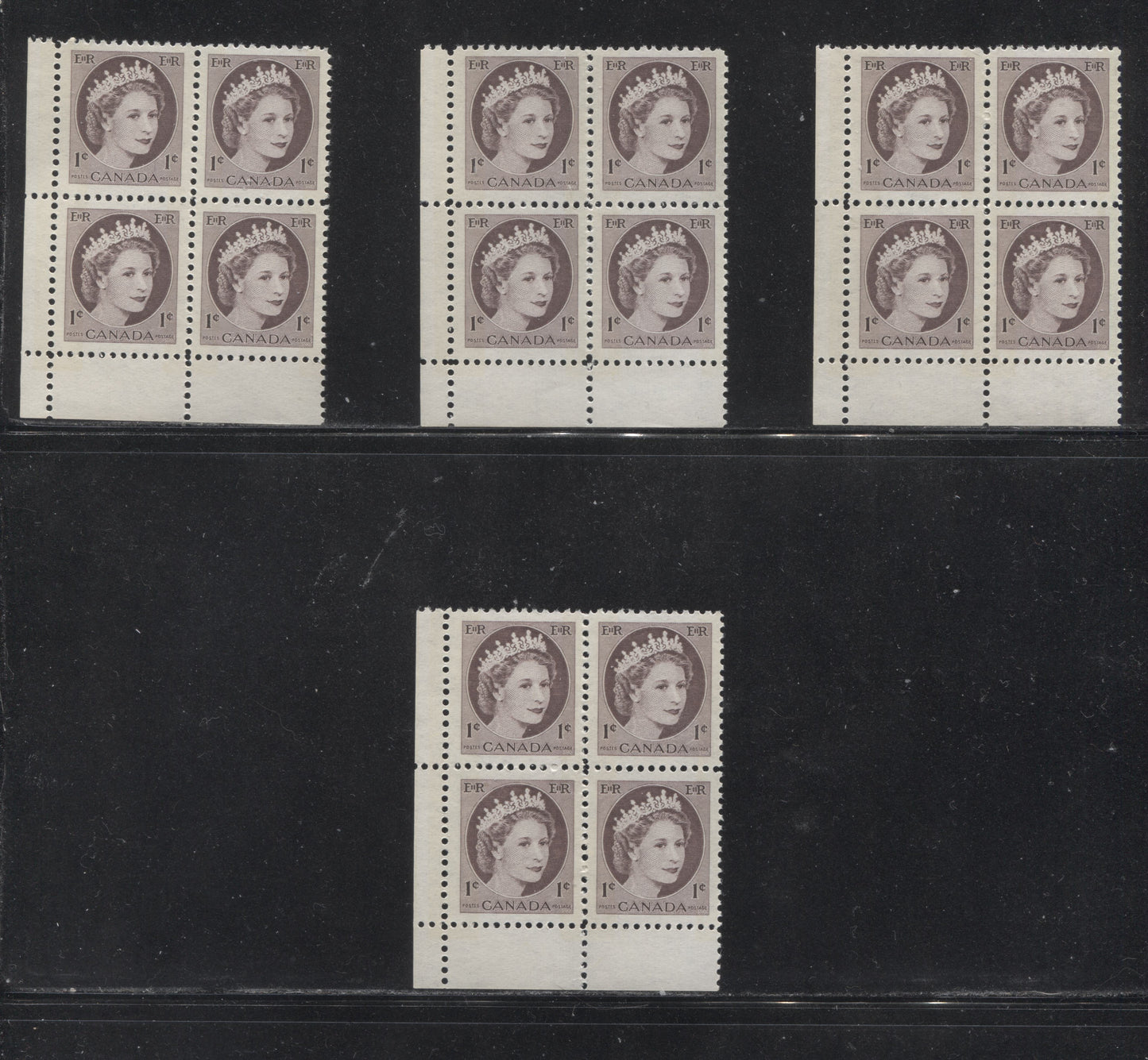 Canada #337p 1c Chocolate Queen Elizabeth II, 1954-1962 Wilding Issue, Lower Left Blank Winnipeg Tagged Blocks of 4, Four Different, Various Perfs., DF Gr Vertically Ribbed Paper, Streaky Semi Gloss Gum, Bluish White Tagging With Additional Tagging, VFNH Brixton Chrome 