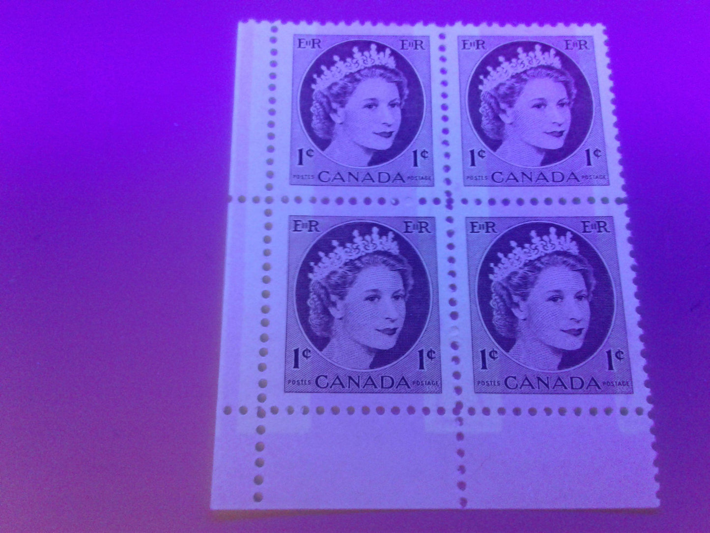 Canada #337p 1c Chocolate Queen Elizabeth II, 1954-1962 Wilding Issue, Lower Left Blank Winnipeg Tagged Blocks of 4, Two Different, Various Perfs. , NF Br Vertically Ribbed Paper, Streaky Semi Gloss Gum, Light Yellow Tagging With Additional Tagging, VFNH Brixton Chrome 