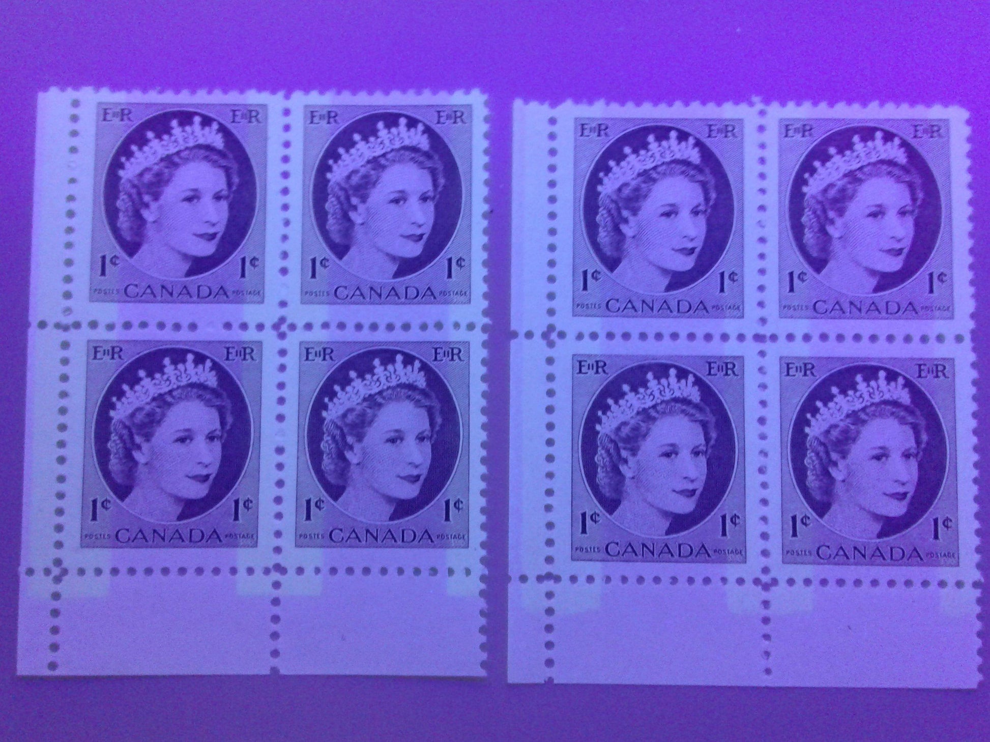 Canada #337p 1c Chocolate Queen Elizabeth II, 1954-1962 Wilding Issue, Lower Left Blank Winnipeg Tagged Blocks of 4, Two Different, Various Perfs. , NF Br Vertically Ribbed Paper, Streaky Semi Gloss Gum, Light Yellow Tagging With Additional Tagging, VFNH Brixton Chrome 