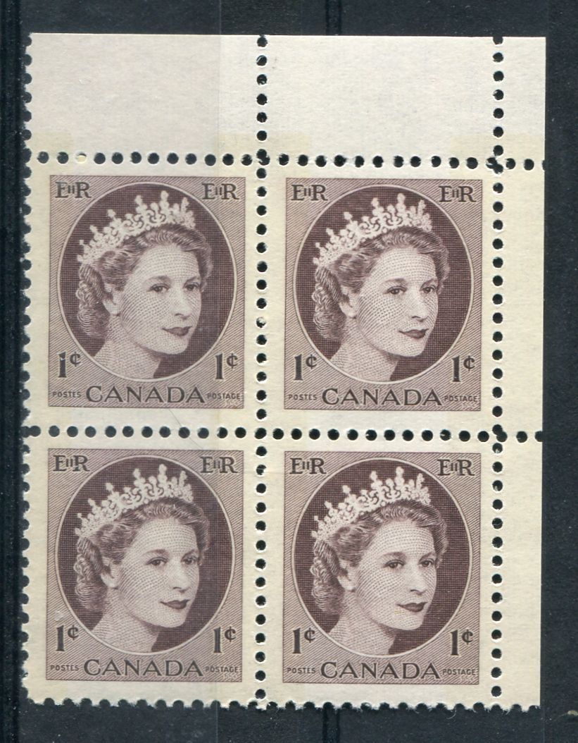 Canada #337p (SG#463p) 1c Violet Brown 1954 Wilding Issue W2B UR Corner Block NF Paper VF-75 NH Brixton Chrome 