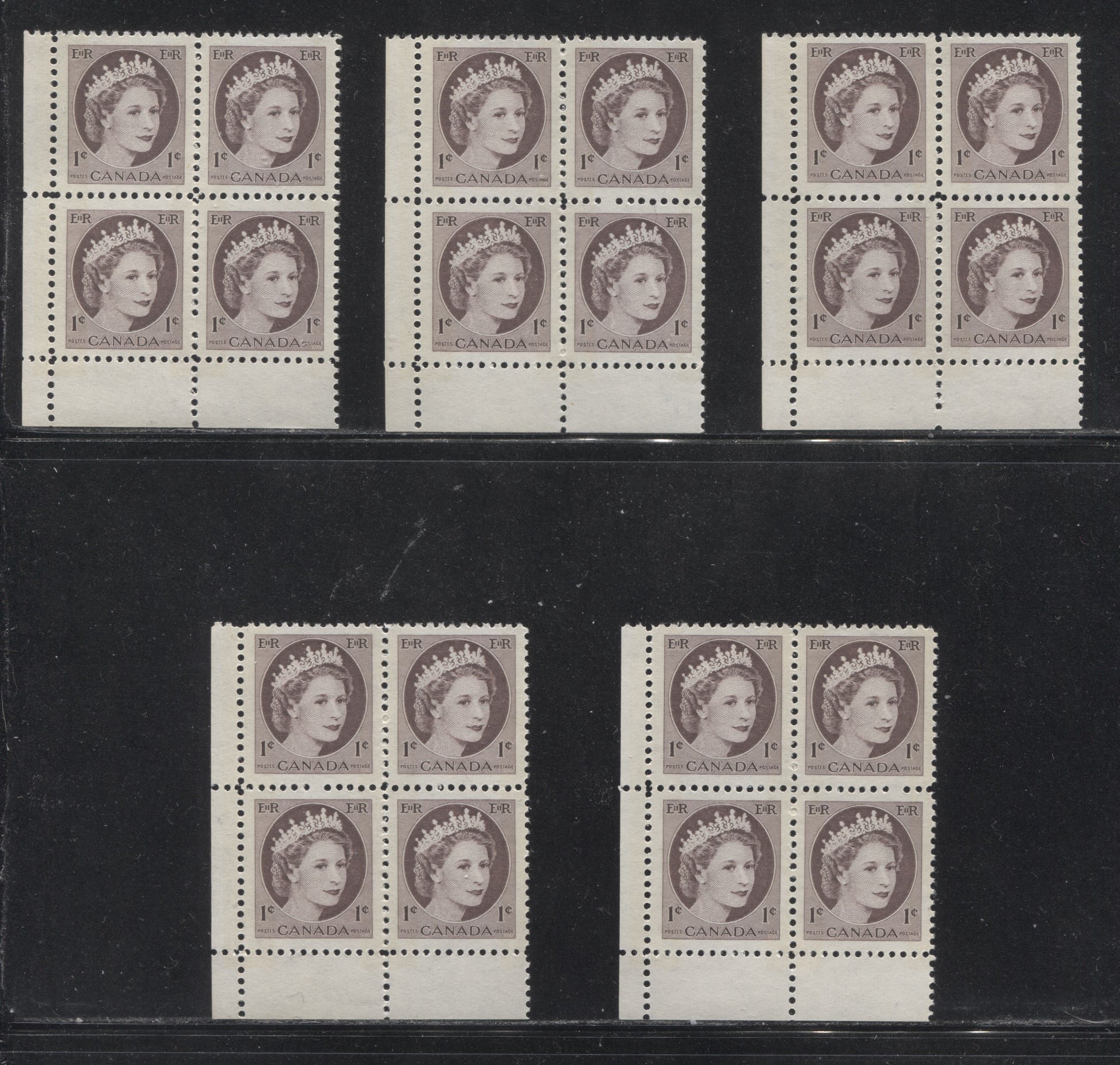 Canada #337p(var) 1c Chocolate Queen Elizabeth II, 1954-1962 Wilding Issue, Lower Left Blank Winnipeg Tagged Blocks of 4, Five Different, Various Perfs., DF Gr Vertically Ribbed Paper, Streaky Semi Gloss Gum, Bluish White Tagging, Broken Perf. Pins, VFNH Brixton Chrome 
