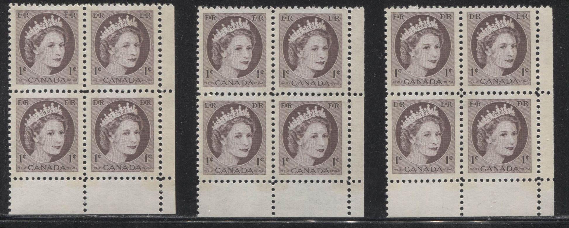 Canada #337p(var) 1c Chocolate Queen Elizabeth II, 1954-1962 Wilding Issue, Lower Right Blank Winnipeg Tagged Blocks of 4, Three Different, Various Perfs., DF Gr Vertically Ribbed Paper, Streaky Semi Gloss Gum, Bluish White Tagging, Uneven Bars, VFNH Brixton Chrome 