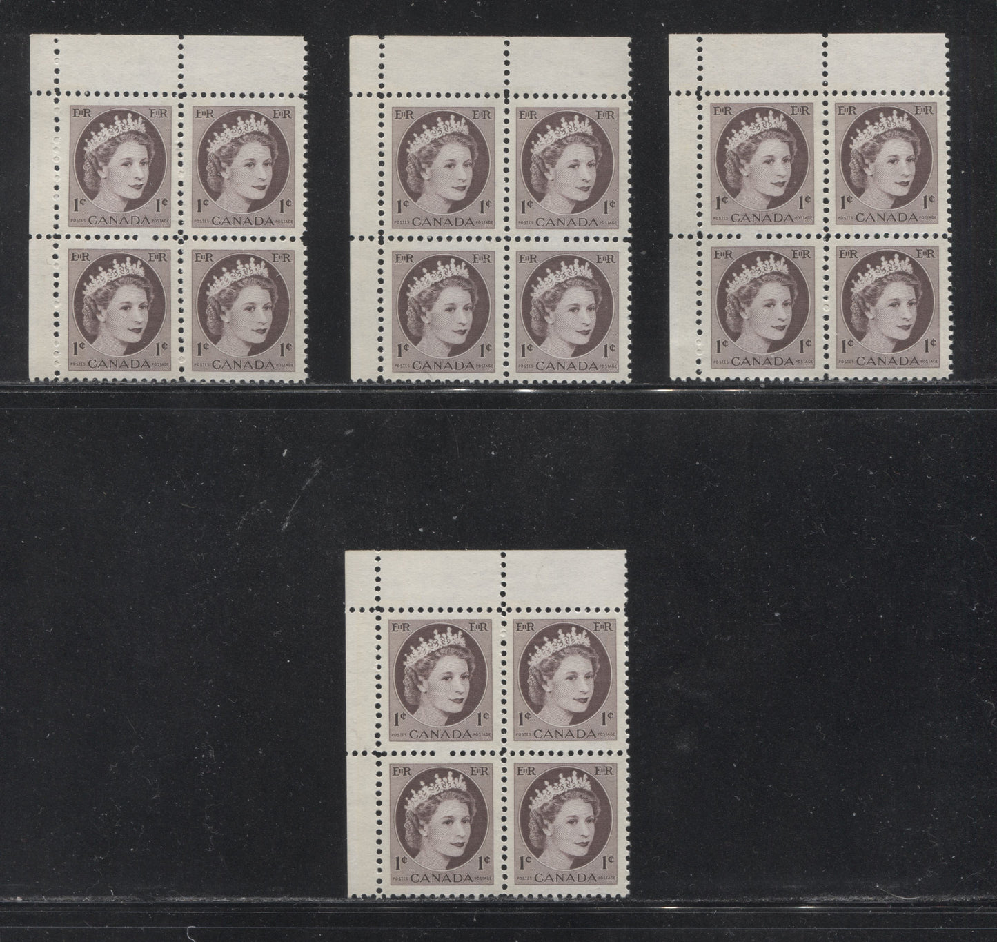 Canada #337p(var) 1c Chocolate Queen Elizabeth II, 1954-1962 Wilding Issue, Upper Left Blank Winnipeg Tagged Blocks of 4, Four Different, Various Perfs., DF Gr Vertically Ribbed Paper, Streaky Semi Gloss Gum, Bluish White Tagging, Broken Perf. Pins, VFNH Brixton Chrome 