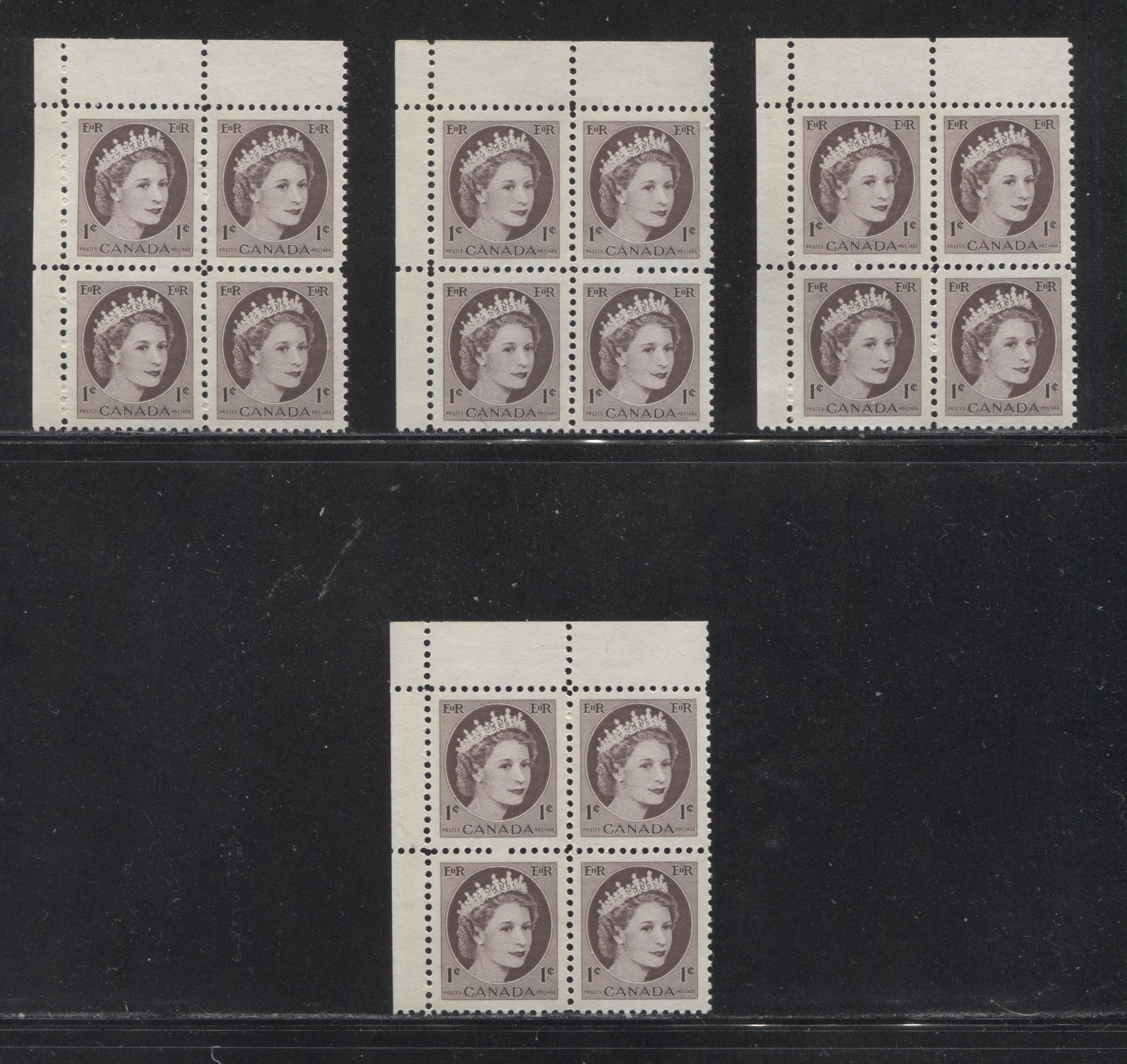 Canada #337p(var) 1c Chocolate Queen Elizabeth II, 1954-1962 Wilding Issue, Upper Left Blank Winnipeg Tagged Blocks of 4, Four Different, Various Perfs., DF Gr Vertically Ribbed Paper, Streaky Semi Gloss Gum, Bluish White Tagging, Broken Perf. Pins, VFNH Brixton Chrome 