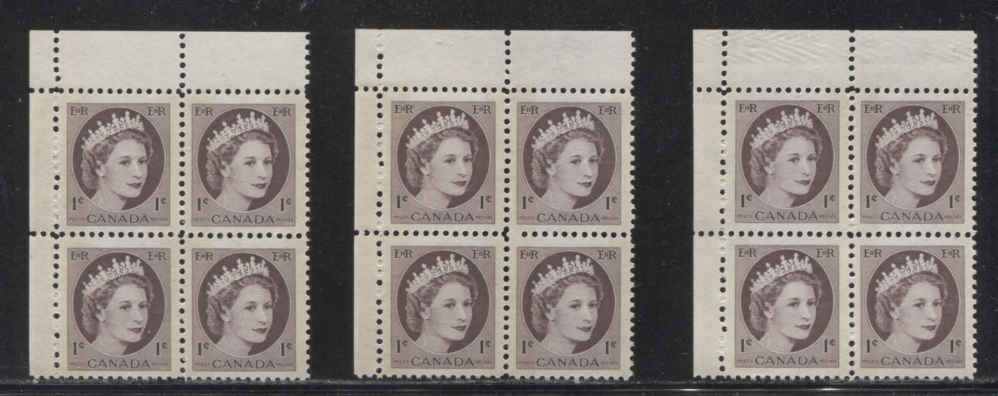 Canada #337p(var) 1c Chocolate Queen Elizabeth II, 1954-1962 Wilding Issue, Upper Left Blank Winnipeg Tagged Blocks of 4, Three Different, Various Perfs., DF Gr Vertically Ribbed Paper, Streaky Semi Gloss Gum, Light Yellow Tagging, Crooked Perfs., VFNH Brixton Chrome 