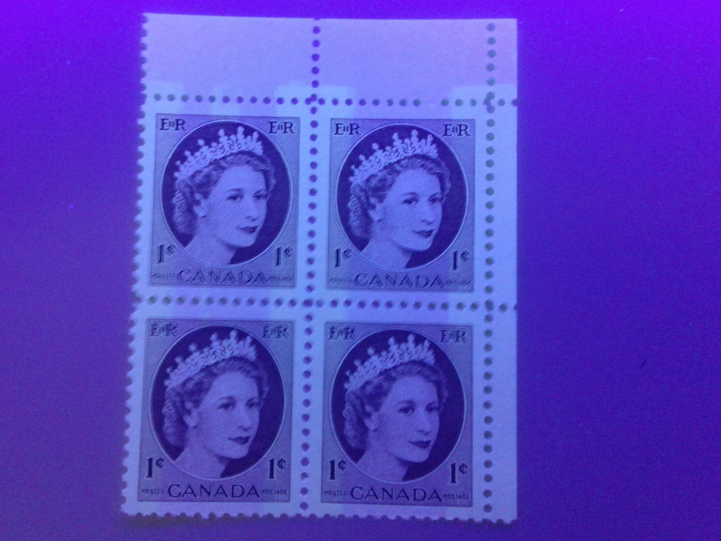 Canada #337p(var) 1c Chocolate Queen Elizabeth II, 1954-1962 Wilding Issue, Upper Right Blank Winnipeg Tagged Block of 4, Perf. 12 x 11.9, DF Gw Vertically Ribbed Paper, Smooth Semi-Gloss Gum, Bluish White Tagging With Extra Streak, VFNH Brixton Chrome 