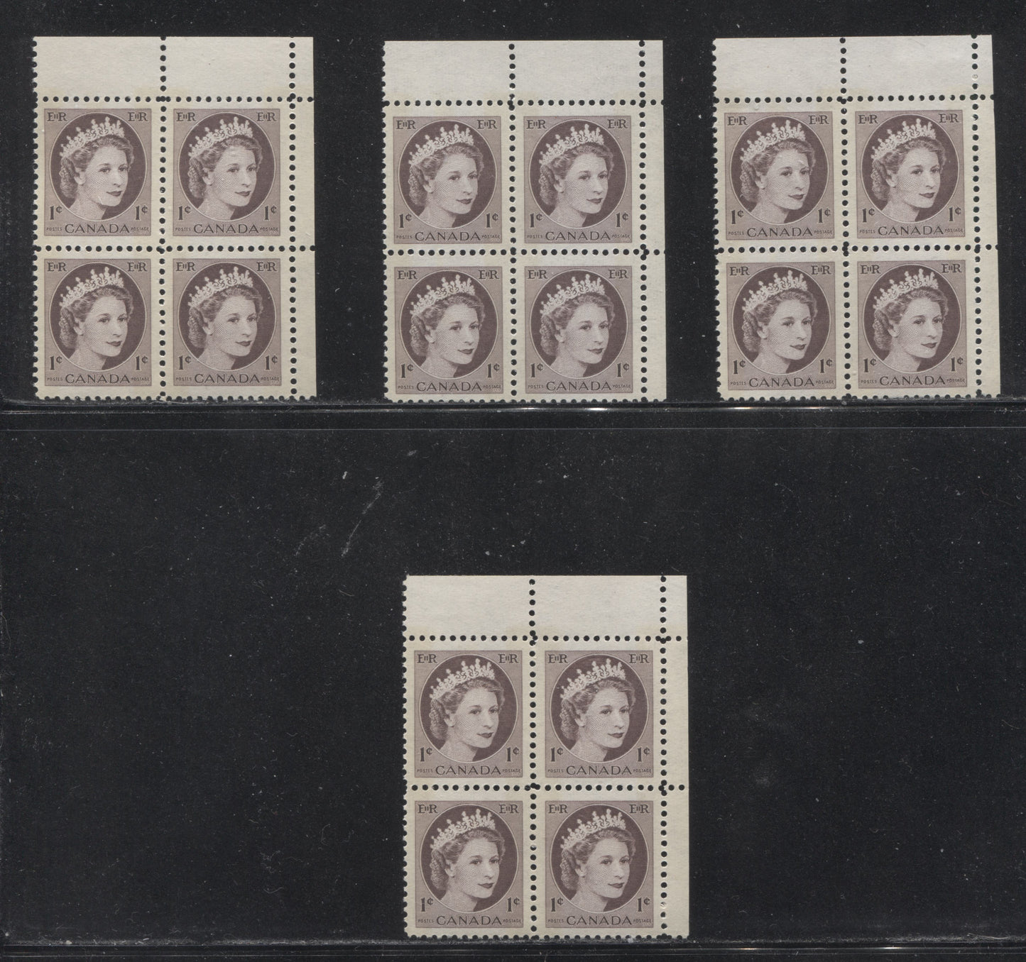 Canada #337p(var) 1c Chocolate Queen Elizabeth II, 1954-1962 Wilding Issue, Upper Right Blank Winnipeg Tagged Blocks of 4, Four Different, Various Perfs., DF Gr Vertically Ribbed Paper, Streaky Semi Gloss Gum, Bluish White Tagging With Extra Streak, VFNH Brixton Chrome 
