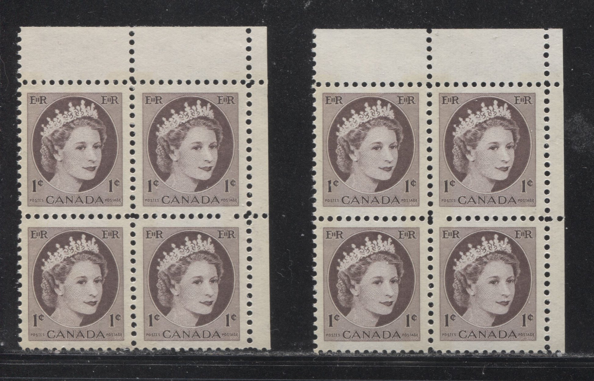 Canada #337p(var) 1c Chocolate Queen Elizabeth II, 1954-1962 Wilding Issue, Upper Right Blank Winnipeg Tagged Blocks of 4, Two Different, Various Perfs., DF Gr Vertically Ribbed Paper, Streaky Semi Gloss Gum, Bluish White Tagging With Extra Spot, VFNH Brixton Chrome 