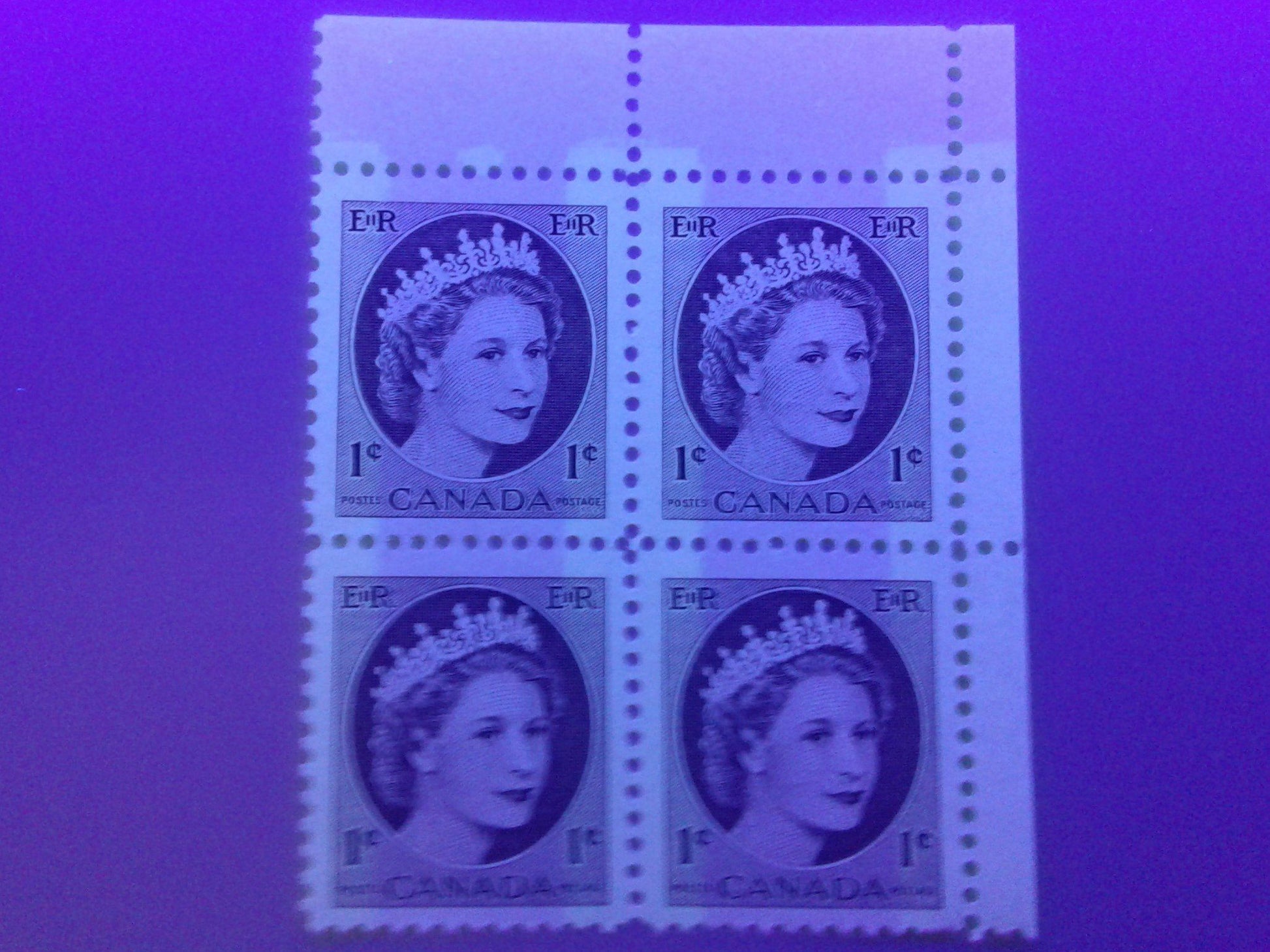 Canada #337p(var) 1c Chocolate Queen Elizabeth II, 1954-1962 Wilding Issue, Upper Right Blank Winnipeg Tagged Blocks of 4, Two Different, Various Perfs., DF Gr Vertically Ribbed Paper, Streaky Semi Gloss Gum, Bluish White Tagging With Extra Spot, VFNH Brixton Chrome 