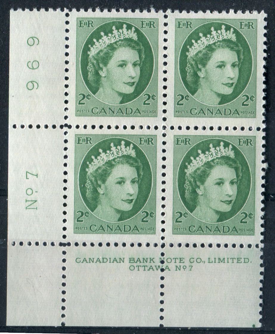 Canada #338 (SG#464) 2c Deep Green 1954 Wilding Issue Plate 7 LL DF BW Ribbed Paper VF-75 NH Brixton Chrome 